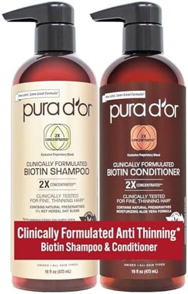 PURA D'OR Professional Grade Clinically Formulated Biotin ShampooConditioner For Hair Thinning - 2X Concentrated DHT Blocker Thickening Products For WomenMen, Sulfate Free, 16oz x2