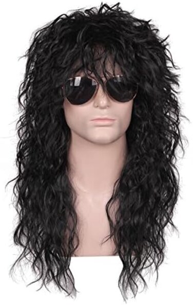 FantaLook Mens 80S Long Curly Black Rocker Costume Wig