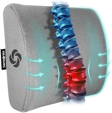 Samsonite SA5244 Ergonomic Lumbar Support Pillow Helps Relieve Lower Back Pain 100% Pure Memory Foam Improves Posture Fits Most Seats Breathable Mesh Washable Cover Adjustable Strap