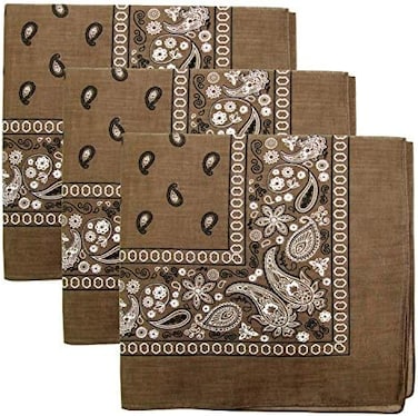 KAISER 3 PK Cowboy Bandanas 100% Cotton 22 x 22 inch - Brown