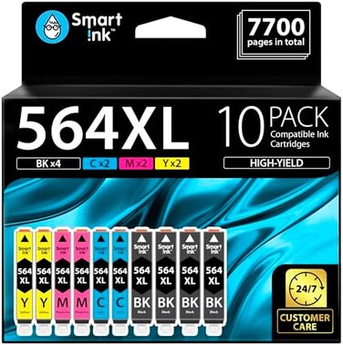 خراطيش حبر متوافقة مع تقنية Smart Ink لطابعات HP 564 XL، عبوة من 10 خراطيش عالية الإنتاجية (4 أسود، 2 سماوي/أرجواني/أصفر) لطابعات HP 3520، 3521، 3522، 3070A، 4610، 4620، 4622، 5510، 5512، 5515، 5520،