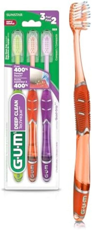 فرشاة أسنان GUM Technique للتنظيف العميق بمقبض رباعي، رأس صغير الحجم، شعيرات ناعمة، 3 قطع