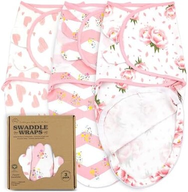 Bublo Baby Pink Floral Swaddle Wrap, 3-Pack Newborn Swaddle Sack, Swaddles for Newborns, Nursery Swaddling Blankets