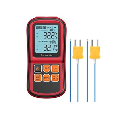 Kamtop Digital Thermometer Dual Channel Thermometer with Two K- type Thermocouples Temperature Meter with LCD Backlight for K/J/T/E/R/S/N Thermocouple
