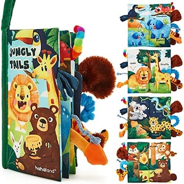 hahaland Baby Cloth Book Awakening 0 3 Months Hanging Toy for Baby 0-3 6 Months Soft Crinkle Book with Jungle Animals Newborn Gift for Toddler Boy Girl