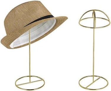 MyGift Set of 2 Hat Stands, 14Inch Brass Tone Wire Tabletop Wig Cap Display Holder Rack