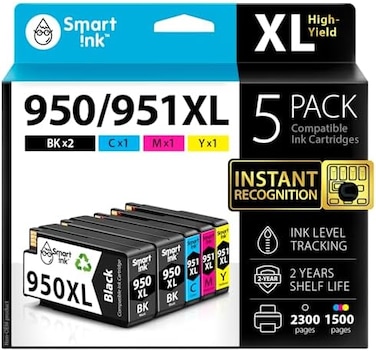 Smart Ink Compatible Ink Cartridge Replacement for HP 950XL 951XL 950 XL 951 XL 5 Pack Combo to use with Officejet Pro 8600 plus 8610 8620 8100 8625 8630 Printers (2 Black1 Cyan 1 Magenta 1 Yellow