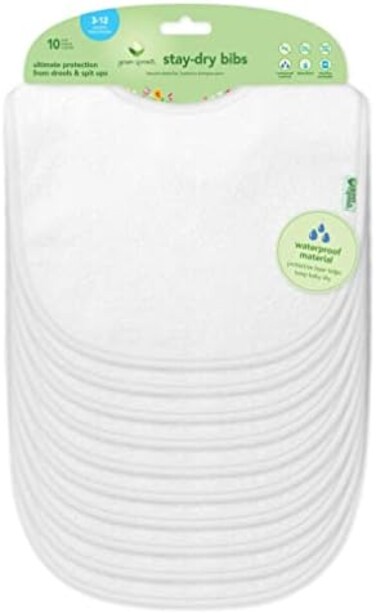 Green Sprouts baby Stay-Dry Bibs (10 PackWaterproof Protection, Adjustable Hook--Loop Closure, Machine Washable , White