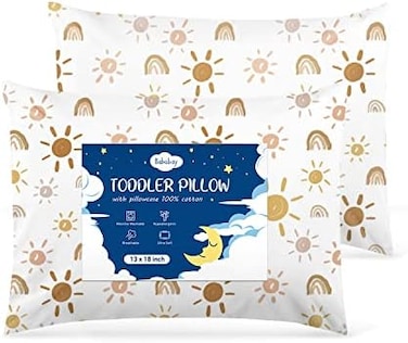 Babebay 2-Pack Toddler Pillow,13X18 Cotton Toddler Pillows for Sleeping, Machine Washable Kids Pillows with Pillowcase, Perfect for Travel, Toddlers Cot (Sunny Rainbow