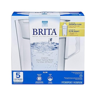 Brita Water Pitcher, Slim, Capacity, Includes One Advanced Filter, White - 5 Cup Size