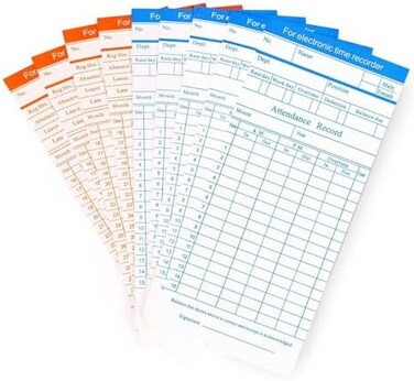 Flexzion Time Cards, Monthly Timesheet, Clock Timecard - 100 Pack, 6 Column 2-Sided Orange/Blue, Card for Time Punch Clock, Employee Attendance, Payroll Recorder, Small Business