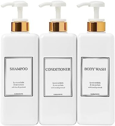 HARRA HOME Modern Gold Design Pump Bottle Set 27 oz Refillable Shampoo Conditioner Dispenser Empty Shower Plastic Bottles Pump Bathroom Lotion Body wash Massage Oils, Pack of 3 (White