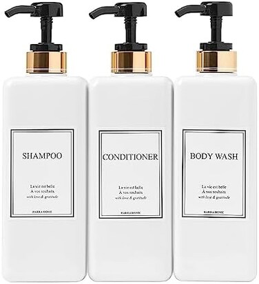 HARRA HOME Modern Gold Design Pump Bottle Set 27 oz Refillable Shampoo and Conditioner Dispenser Empty Shower Plastic Bottles with Pump for Bathroom Lotion Body wash Massage Oils, Pack of 3 (Black