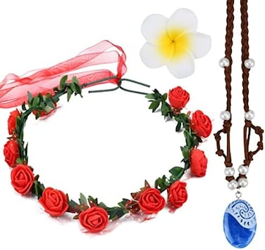 Buufan Girl Sapphire Necklace for Princess Moana Cosplay with Floral Wreath HeadbandFlower Hair Clip,Moana Movie Costume Accessories,Blue Pendant Necklace for Girl Children Birthday Party Dress Up
