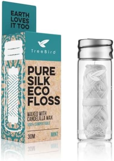 خيط تنظيف الأسنان TreeBird Eco Dental القابل للتحلل الحيوي، مع حامل زجاجي قابل لإعادة التعبئة، مشمع طبيعيًا بشمع الكانديليلا، قابل للتحلل بنسبة 100%، بكرة من الحرير الطبيعي بطول 30 مترًا/33 ياردة، صدي