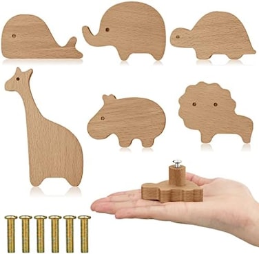 Qunclay Wooden Animal Cabinet Knobs Decorative Wood Dresser Knobs with Screws Dresser Pulls Wood Marine Woodland Animals Knobs Furniture Knobs Nursery Drawer Handles for Decor (Zoo, 6 Sets