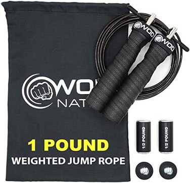 حبل قفز مثقل من WOD Nation - قابل للتعديل بوزن 1 رطل - مقابض حبل قفز سريع شديد التحمل مع أوزان قابلة للإزالة
