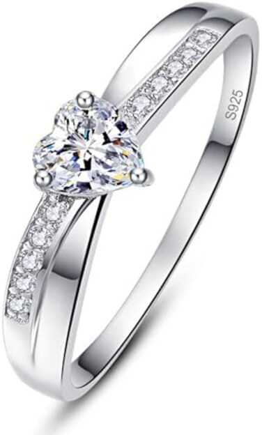 AVECON Women's Solid 925 Sterling Silver Heart Cut Cubic Zirconia Eternity Solitaire Engagement Promise Ring for Her