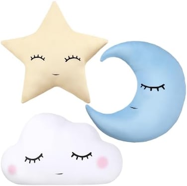 Chunful 3 Pcs Children Moon Star Cloud Cushion Soft Plush Cloud Shaped Pillow Stuffed Stars and Moon Nursery Decor Home Decor for Bedroom Crib Party Supplies