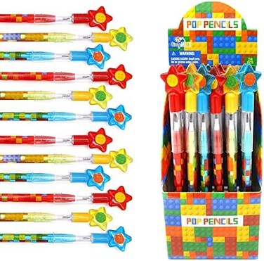 TINYMILLS Tiny Mills 24 Pcs Building Blocks Brick Multi Point Stackable Pencil with Eraser for Brick Birthday Party Favor Prize Carnival Goodie Bag Stuffers Classroom Rewards Pinata Fillers