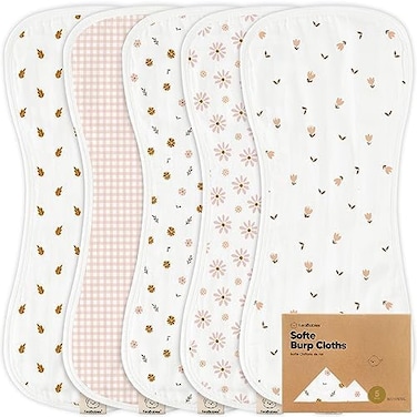 KeaBabies 5-Pack Muslin Burp Cloths for Baby Boys and Girls - Organic Baby Burp Cloth, Viscose Derived from Bamboo Cotton Baby Washcloths, Burp Rags, Large Neutral Burp Clothes for Newborn (Petals