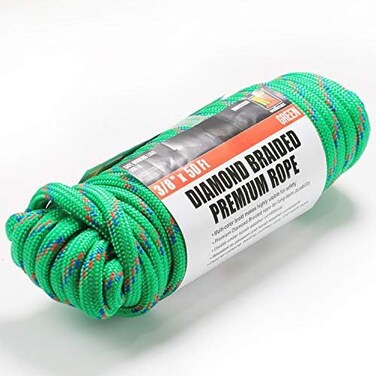Wellmax Diamond Braid Nylon Rope - 3/8 Inch by 50 Feet Green Color - Extra Strength, Sunlight and Weather Resistant - Heavy Duty Construction