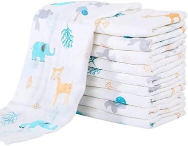 Yoofoss Muslin Burp Cloths for Baby 10 Pack 100% Cotton Baby Washcloths for Boys Girls Large 20''X10'' Super Soft and Absorbent Elephant