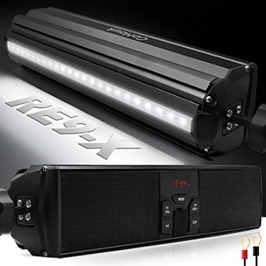 GoHawk RE9-X Waterproof Bluetooth Motorcycle Stereo Speakers Soundbar 7/8-1.25 in. Handlebar Mount MP3 Music Player Audio Amplifier System ATV 4-Wheelers, USB, AUX, FM Radio