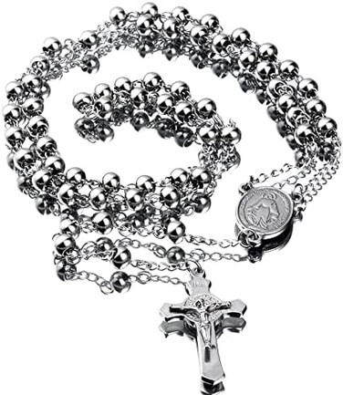 CaleesLLC 30" Stainless Steel Rosary Beads Necklace 6mm Silver Color with Jesus Christ Crucifix Cross