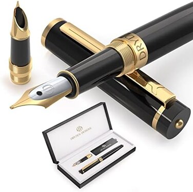Dryden Designs Fountain Pen Fine Nib, Includes Gift Box and Ink Refill Converter, Classic Writing Tool [Intense Black] for Left and Right Handed