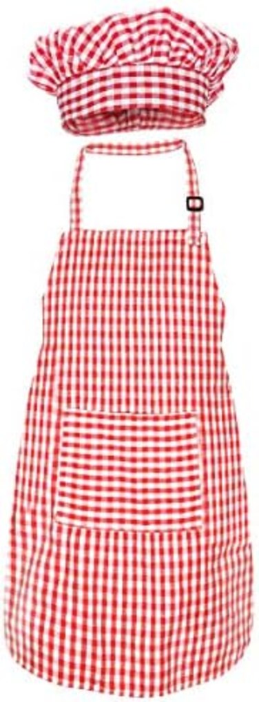 Jennice House Kids Apron and Chef Hat Set, Cute Children Baking Aprons for Boys and girls Cooking Artists Painting Gardening Aprons (Red Gingham, Small