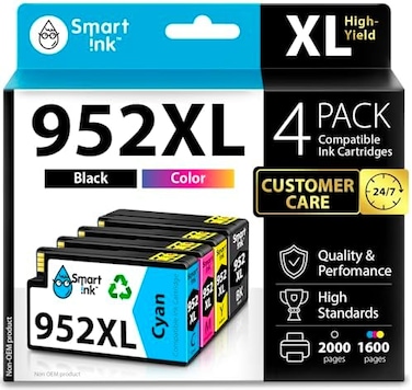 خرطوشة حبر بديلة متوافقة مع تقنية Smart Ink لطابعات HP 952XL (عبوة من 4 خراطيش) للاستخدام مع طابعات OfficeJet Pro 8710، 8720، 7740، 8210، 8715، 7720، 8702، 8725، 8740، 8730، 8700، 8200 (أسود، سماوي، أ