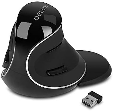 Delux Ergonomic Vertical Mouse with USB Receiver, 2.4G Wireless Optical Mouse with 3 Adjustable DPI (800/1200/1600, 6 Buttons, Removable Wrist Rest for Laptop PC Computer (M618Plus Wireless-Black