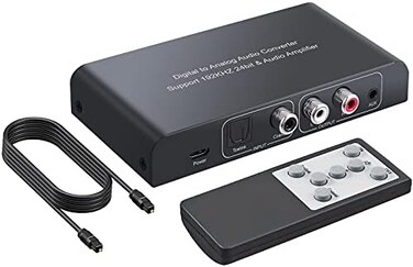 محول PROZOR DAC بتردد 192 كيلوهرتز، يدعم كابلات محورية وبصرية، وToslink، وSPDIF، وRCA 3.5 ملم، مع جهاز تحكم عن بعد لضبط مستوى الصوت. محول صوت رقمي إلى تناظري مع كابل بصري لأجهزة PS3/PS4، وBlu-ray، وال