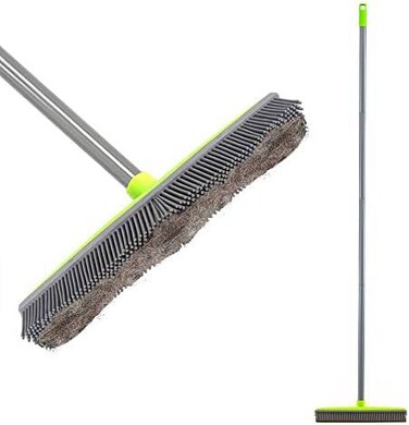 LandHope Push Broom Long Handle Rubber Bristles Sweeper Squeegee Edge 59 inches Non Scratch Bristle Broom for Pet Cat Dog Hair Carpet Hardwood Tile Windows Clean Water Resistant (Multi Segment Handle