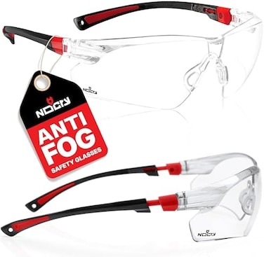 NoCry Safety Glasses with Clear Anti Fog Scratch Resistant Wrap-Around Lenses and Non-Slip Grips, UV Protection. Adjustable, BlackRed Frames