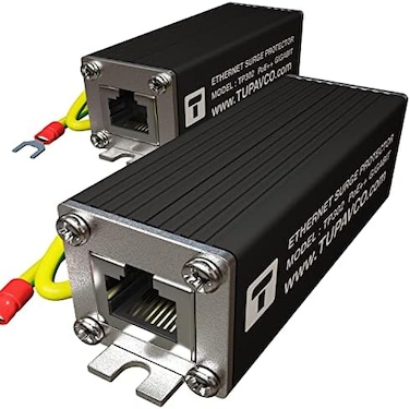 Tupavco Ethernet Surge Protector (2 PackPoEGigabit - Gas Discharge Tube for Full Protection -Mounting Flange- RJ45 Lightning Suppressor- LAN Network CAT5/CAT6 Thunder Arrestor GbE 1000 Mbps- TP302