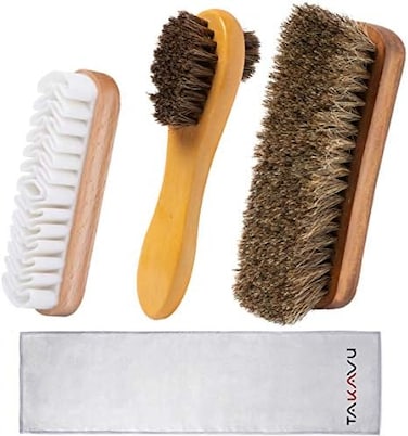 TAKAVU Shoe Shine Kit (4PCS- 100% Soft Horsehair Bristles Brush, Polish Applicator, Crepe Suede Shoes Brush, Microfiber Buffing Cloth for Shoes, Leather, Boot, Cloth, Bag