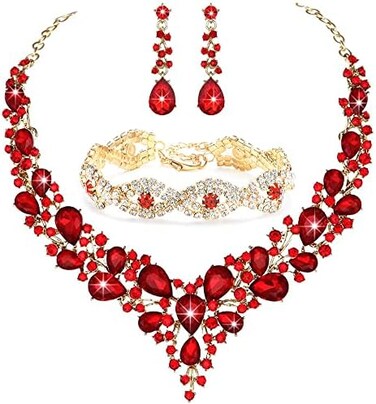 3/4 Pieces Women Jewelry Set Rhinestone Crystal Bride Statement Choker Necklace Tiara Crown Link Bangle Bracelet Teardrop Dangle Earrings Set