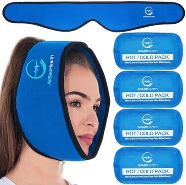 AllSett Health Face Ice Pack for Wisdom Teeth, Jaw, Head and Chin, 4 Reusable Hot or Cold Gel Packs, Relief for Mouth, or Oral Pain, Facial Surgery, TMJ Pain Relief