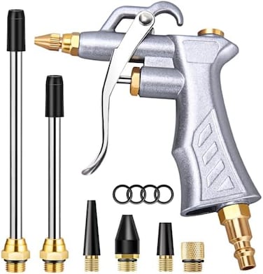 JASTIND Industrial Air Blow Gun with Brass Adjustable Air Flow Nozzle and 2 Steel Air flow Extension, Pneumatic Air Compressor Accessory Tool Dust Cleaning Air Blower Gun