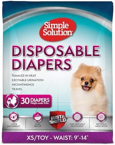 Simple Solution Disposable Dog Diapers for Female Dogs, True Fit, Absorbent, Leak Proof with Wetness Indicator, XS PuppyDoggie Period Pad and Pee Diaper, for Toy Pets, 9&ndash;14-Inch Waist, 30 Count