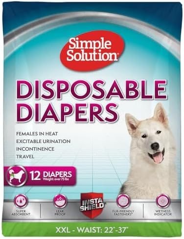Simple Solution Disposable Dog Diapers for Female Dogs, True Fit, Absorbent Leak Proof with Wetness Indicator, XXL PuppyDoggie Period PadPee Diaper, for Large Pets 22-37 Inch Waist, 12 Count