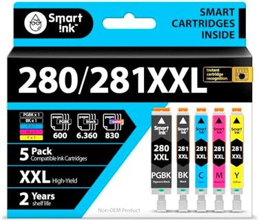 Smart Ink Compatible Ink Cartridge Replacement for Canon PGI-280XXL CLI-281XXL PGI 280 CLI 281 (PGBKBK/C/M/Y 5 Pack Combofor Pixma TS6120 TS6220 TS8120 TR7520 TR8520 TS9120 TS8220 TS9520 TS9521C
