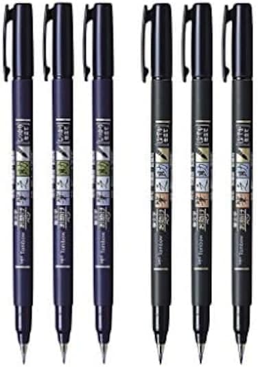 Tombow Fudenosuke Brush Pen, 6-Pack, Hard Tip (GCD-111x3, Soft (GCD-112x3 - for Precision Drawing, Sketch NotesCalligraphyTop Gifting Idea