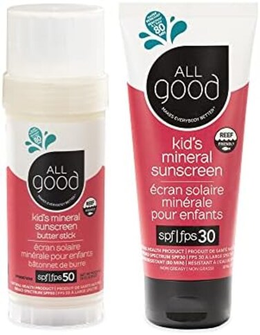 All Good BabyKids Mineral FaceBody Sunscreen - UVA/UVB Broad Spectrum, Coral Reef Friendly, Water Resistant, Zinc Oxide - SPF 50 Butter StickSPF 30 Lotion