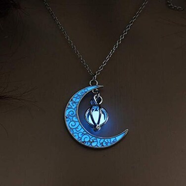 EEQQBZ Glow in The Dark Silver Crescent Moon and Orb Necklace - Glowing Blue Moon Charm - Magical Fantasy Fairy Glowing Necklace - Glow Jewelry (sky blue