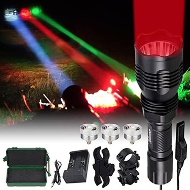 VASTFIRE Predator Light with Interchangeable (Red, Green, WhiteLED Hunting Flashlight with Scope Mount for Hog Coyote Coon Bobcat Raccoon Varmint Rabbit Night Hunting