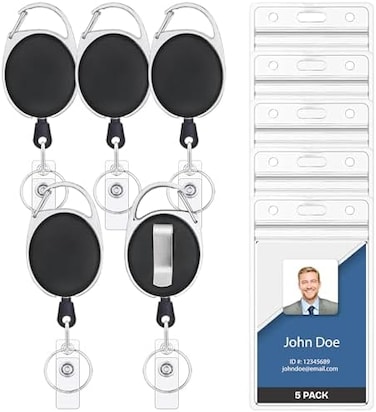 Will Well 5 Pack Heavy Duty Retractable Badge Holders with Carabiner Reel Clip and Vertical Style Clear ID Card Holders, 24 inches Thick Kevlar Pull Cord