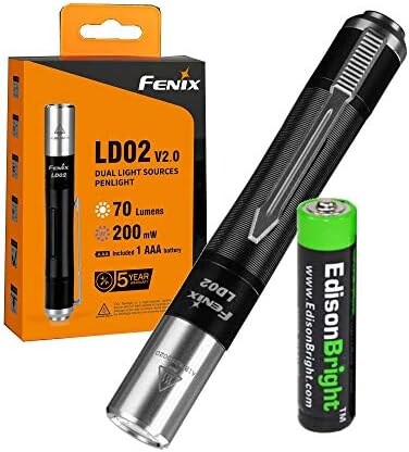 EdisonBright Fenix LD02 V2.0 70 lumen neutral white/UV pen-type LED flashlight bundle with AAA battery
